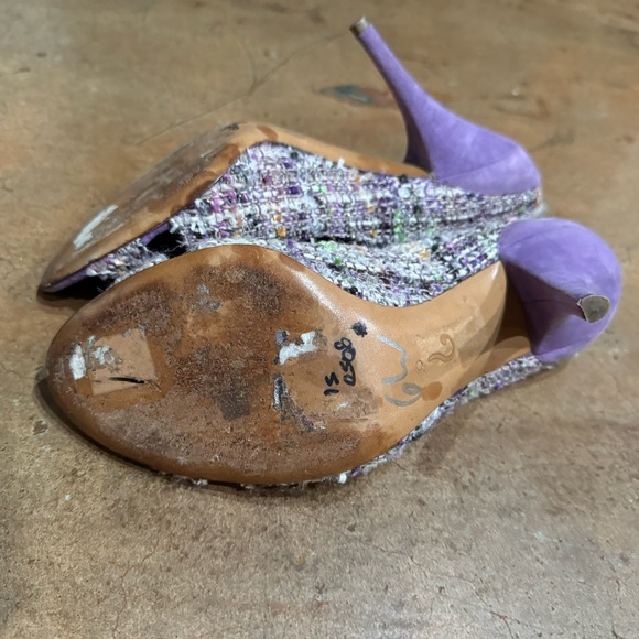 Vintage 90s Moschino purple tweed peep toe kitten heels IT 40 - Picture 7 of 7